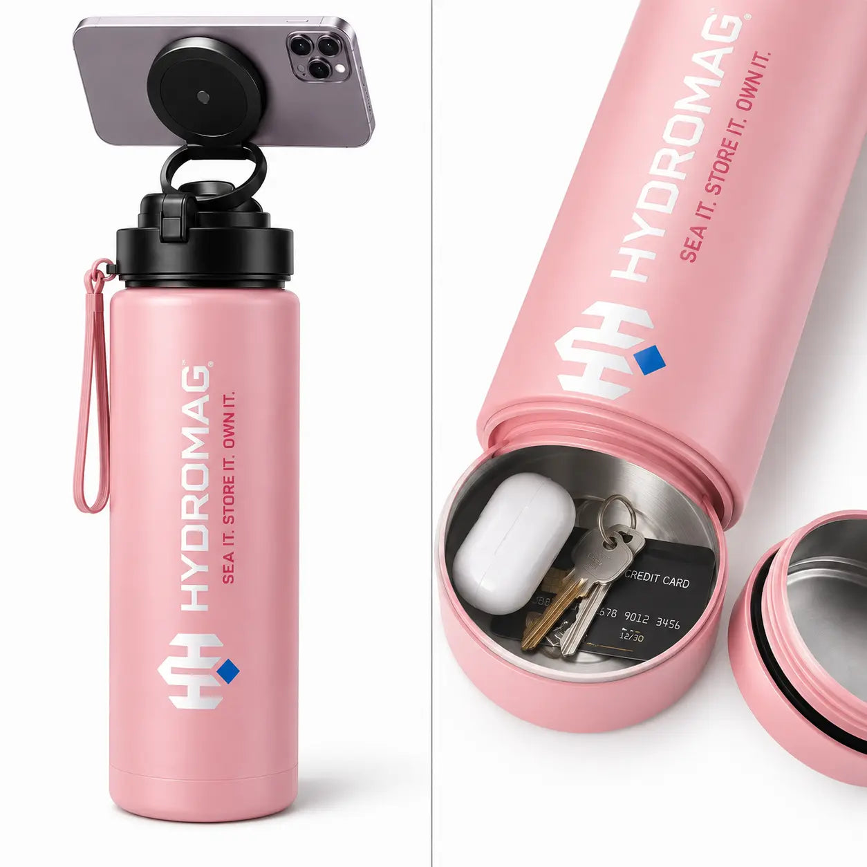 HYDROMAG 4-in-1 Smart Water Bottle with Magnetic Phone Holder & Storage Compartment, Gym Water Bottle for Men & Women, Sports Fitness Workout Bottle for Running, Travel & Outdoor Activities