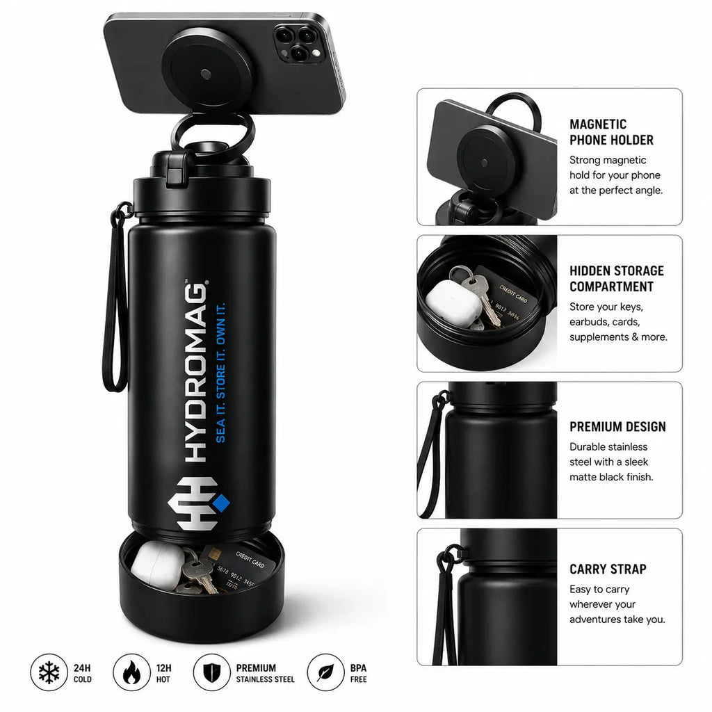 HYDROMAG 4-in-1 Smart Water Bottle with Magnetic Phone Holder & Storage Compartment, Gym Water Bottle for Men & Women, Sports Fitness Workout Bottle for Running, Travel & Outdoor Activities