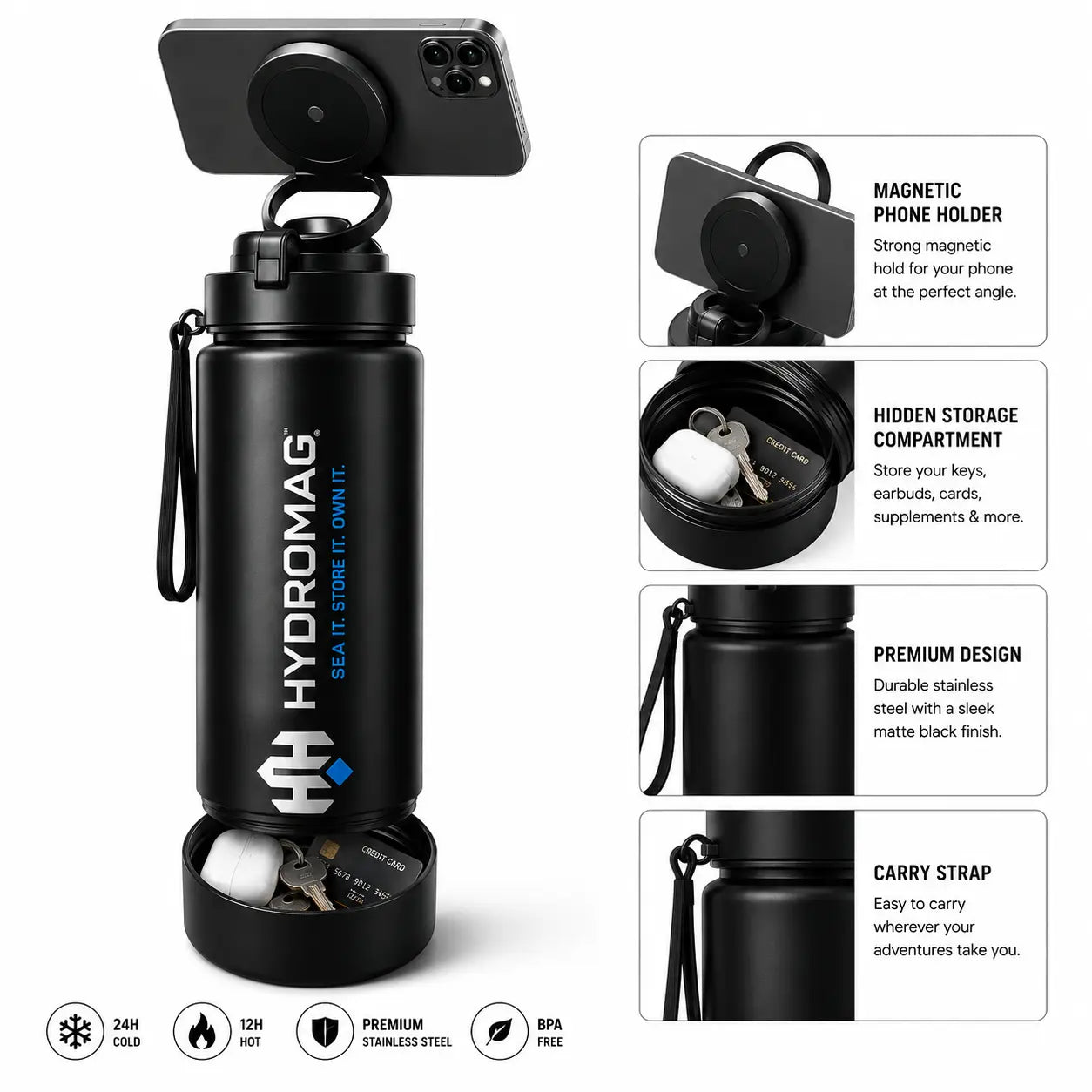 HYDROMAG 4-in-1 Smart Water Bottle with Magnetic Phone Holder & Storage Compartment, Gym Water Bottle for Men & Women, Sports Fitness Workout Bottle for Running, Travel & Outdoor Activities