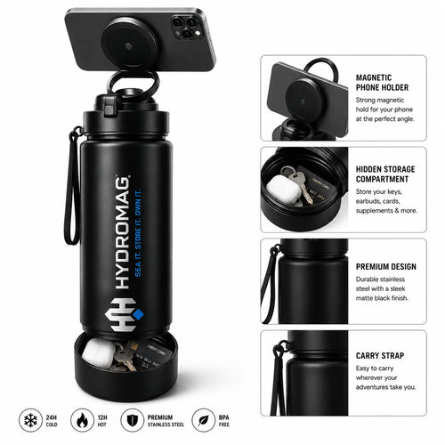 HYDROMAG 4-in-1 Smart Water Bottle with Magnetic Phone Holder & Storage Compartment, Gym Water Bottle for Men & Women, Sports Fitness Workout Bottle for Running, Travel & Outdoor Activities